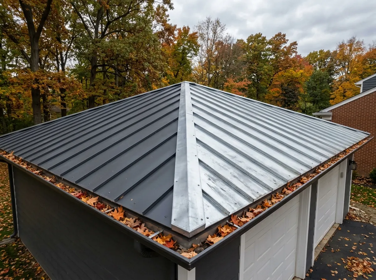 Side-by-side corner of a roof where a charcoal painted standing seam panel meets bare silver Galvalume panels