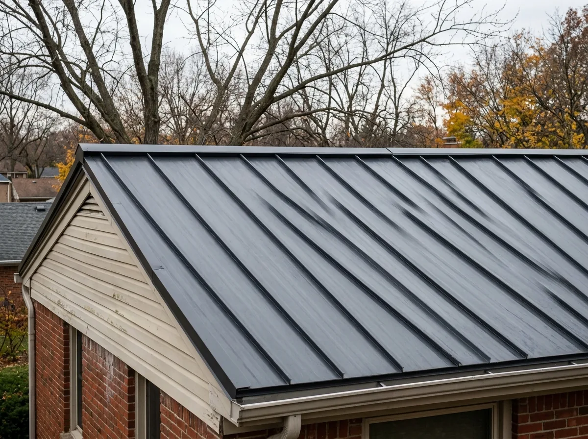 Close view of snap-lock standing seam steel panel ribs on a two-storey roof under an overcast sky