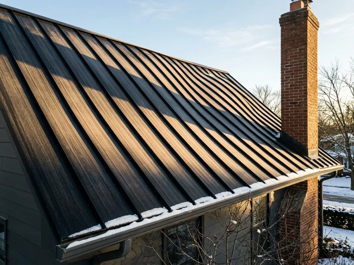 Low sun raking across dark standing seam panels with fine striations rolled into the flat between seams