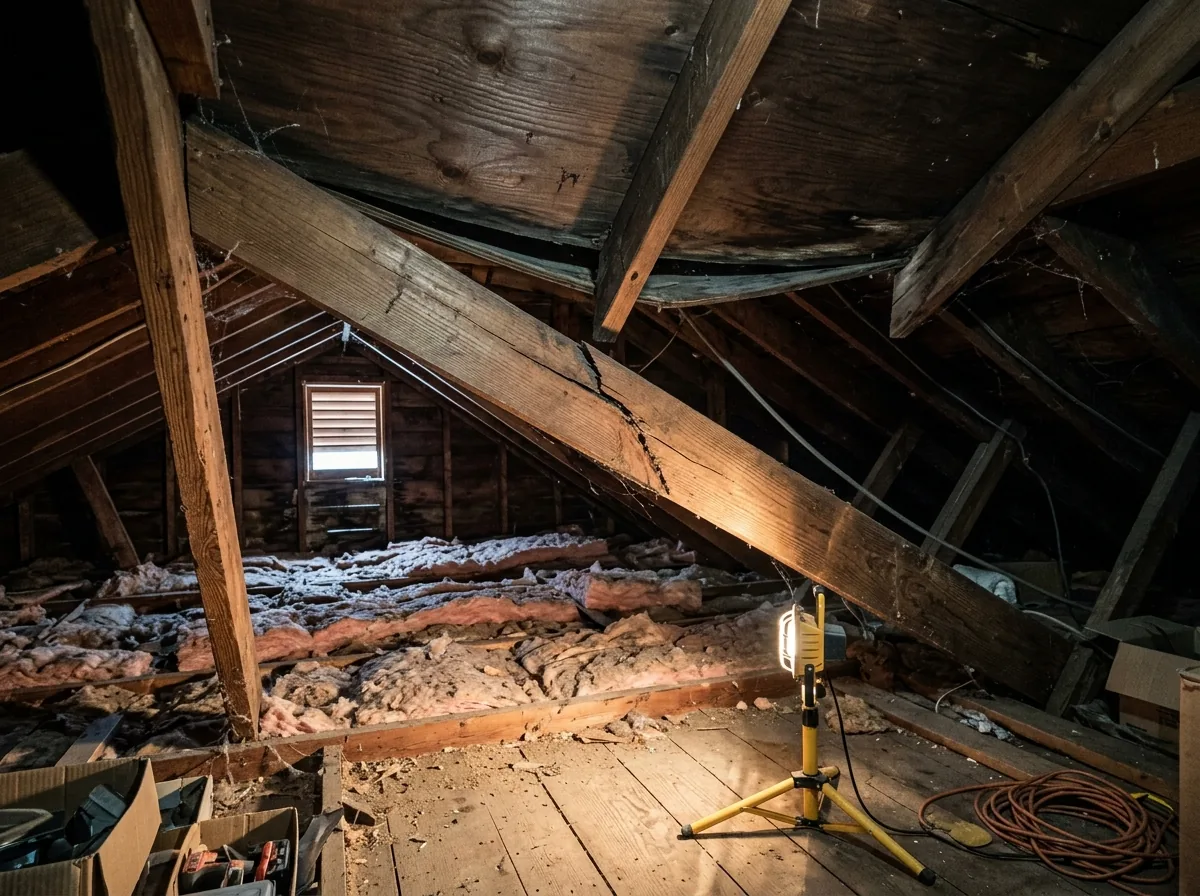 Attic view of a cracked wooden rafter and a slight dip in the roof sheathing above it after heavy snow