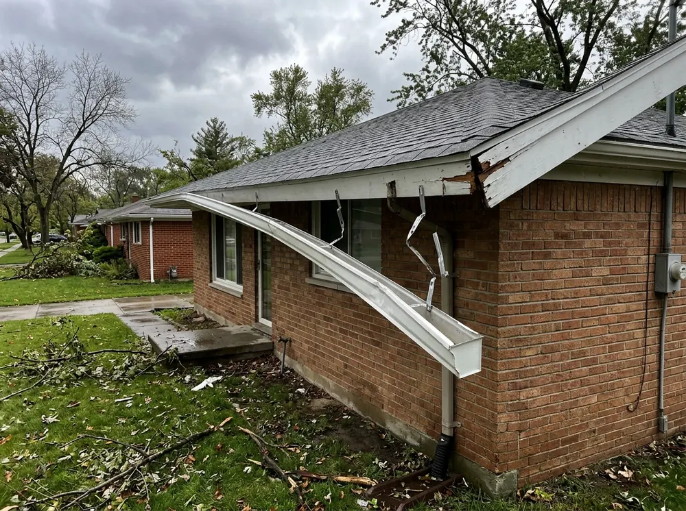 Aluminum K-style gutter hanging loose from the fascia at one end after a storm, with bent hangers visible