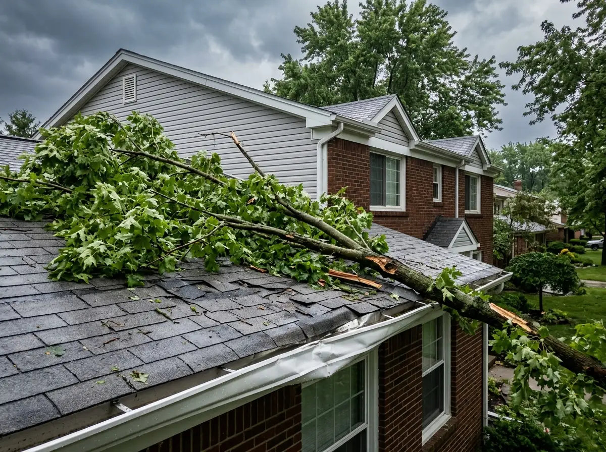 Large broken maple limb resting across a shingle roof with cracked shingles and a dented gutter beneath it