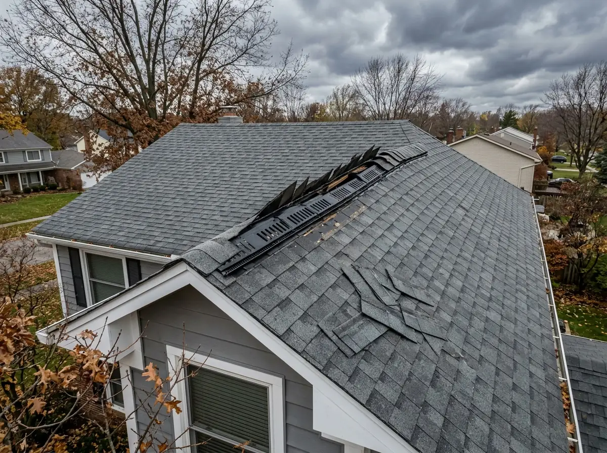 Section of ridge cap shingles peeled back along a roof ridge with the ridge vent exposed underneath